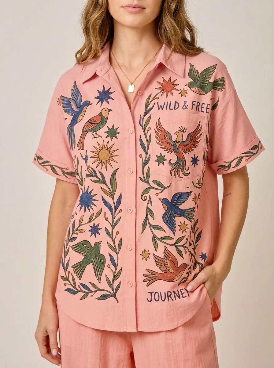 Women's Boho Wild & Free Bird Floral Graphic Button-Up Shirt