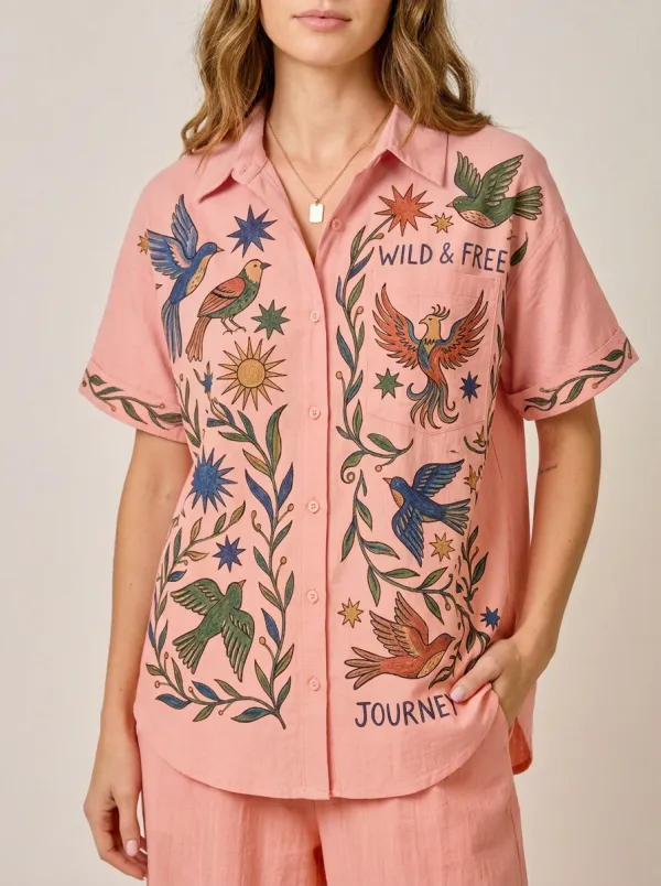 Women's Boho Wild & Free Bird Floral Graphic Button-Up Shirt