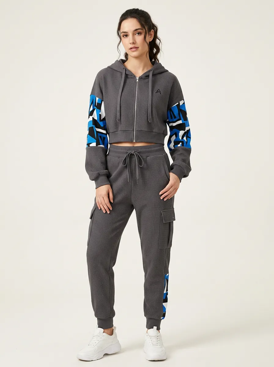 Women's Casual Sporty Blue Geometric Printed Waffle Knit Tracksuit