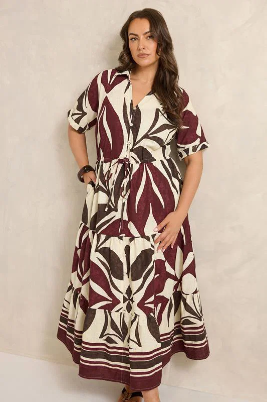 Cream & Red Abstract Leaf Print Cotton Dress detail 1