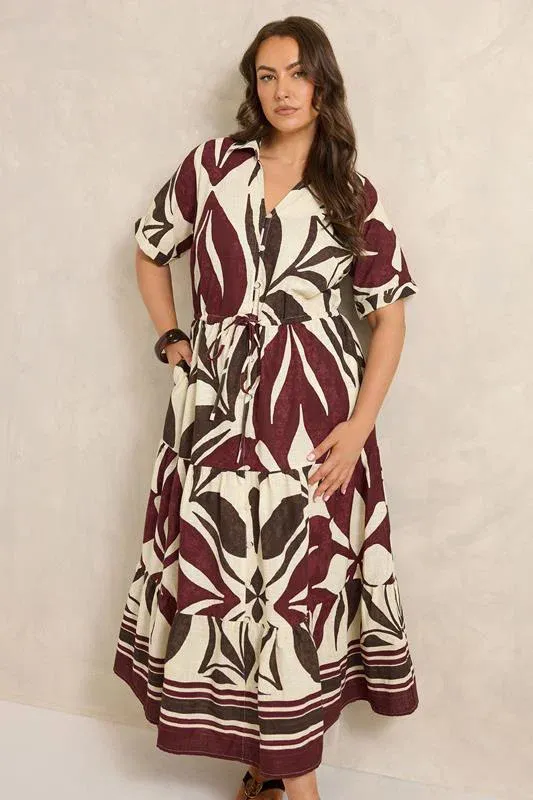 Cream & Red Abstract Leaf Print Cotton Dress