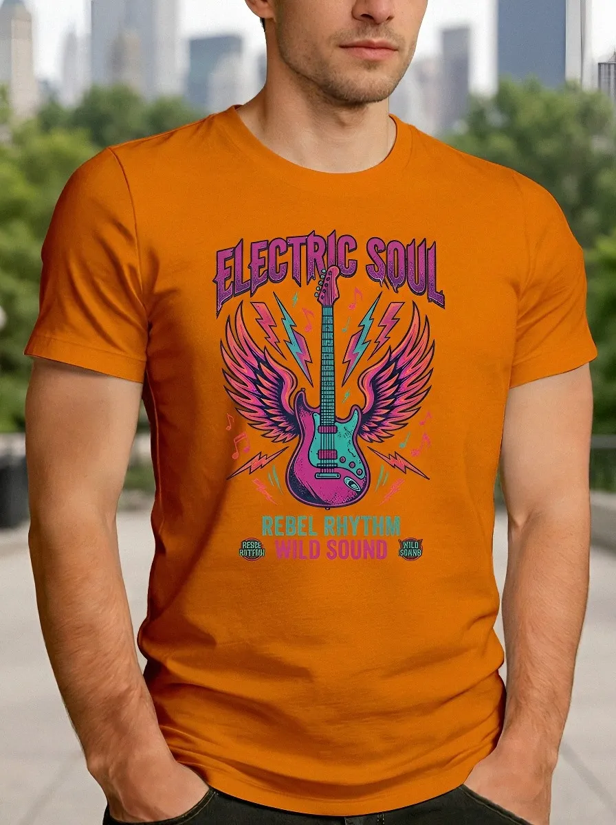 Men's Rock Music Electric Guitar Wing Printed T-shirt