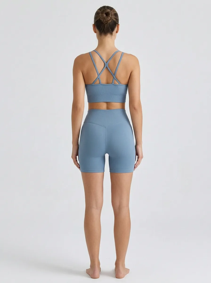Dynamic Ribbed Texture Cross Waist Detail Women's Tank Top And Sports Shorts Set