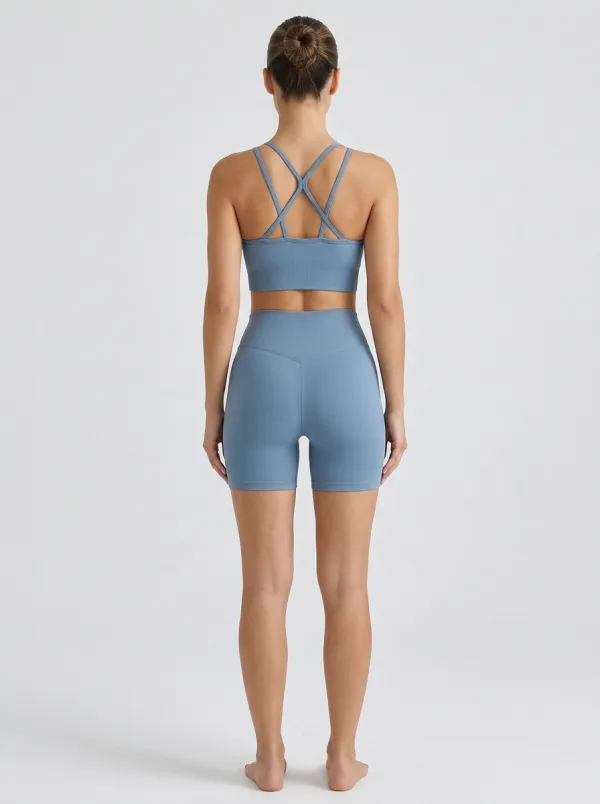 Dynamic Ribbed Texture Cross Waist Detail Women's Tank Top And Sports Shorts Set