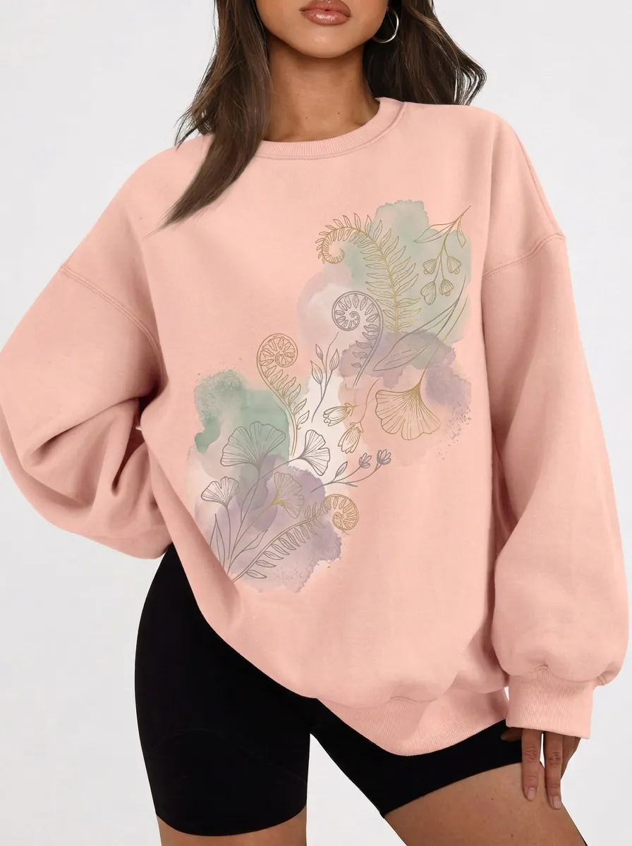 Women's Botanical Nature Lover Fern Ginkgo Watercolor Printed Sweatshirt