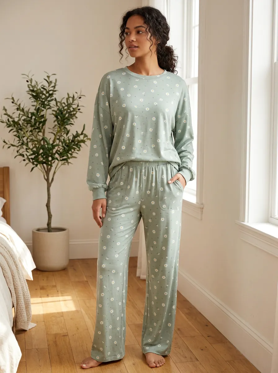 Women's Daisy Print Loungewear Set with Patch-Pocket Pants