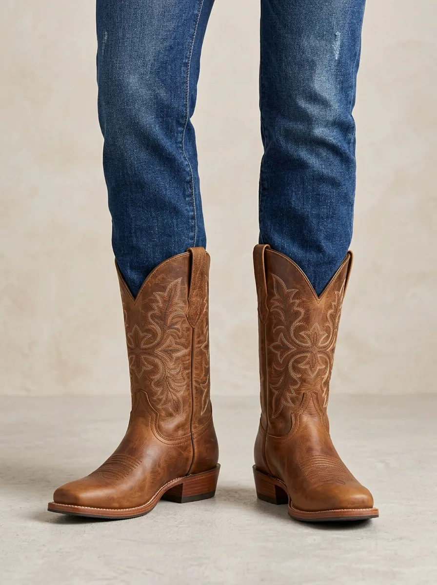 Unisex Western Cowboy Floral Embroidered Boots