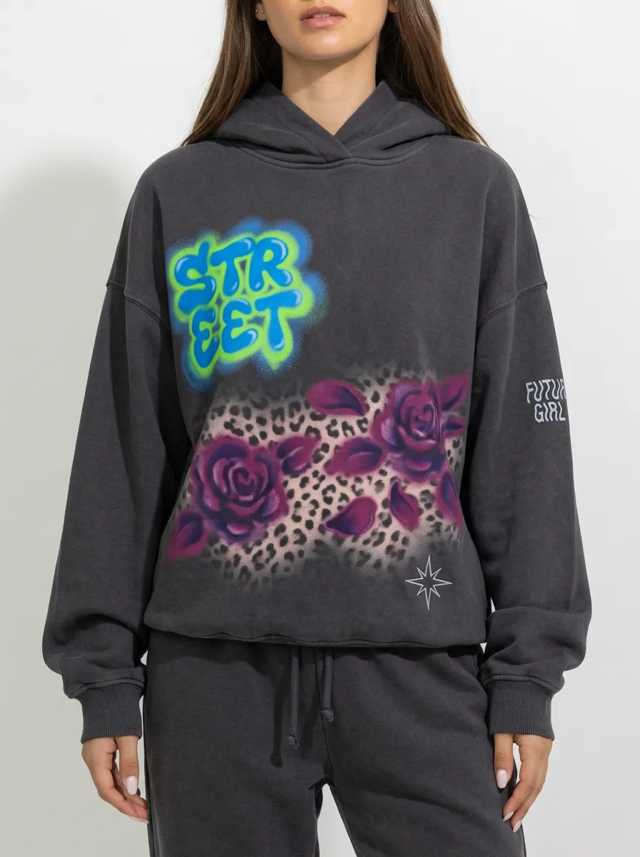 Unisex Urban Streetwear Graffiti Leopard Rose Hoodie