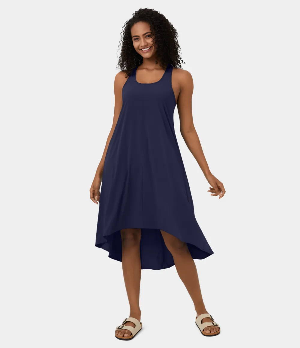 Breezeful Backless Racerback Side Pocket High Low Flowy Midi Quick Dry Casual Dress