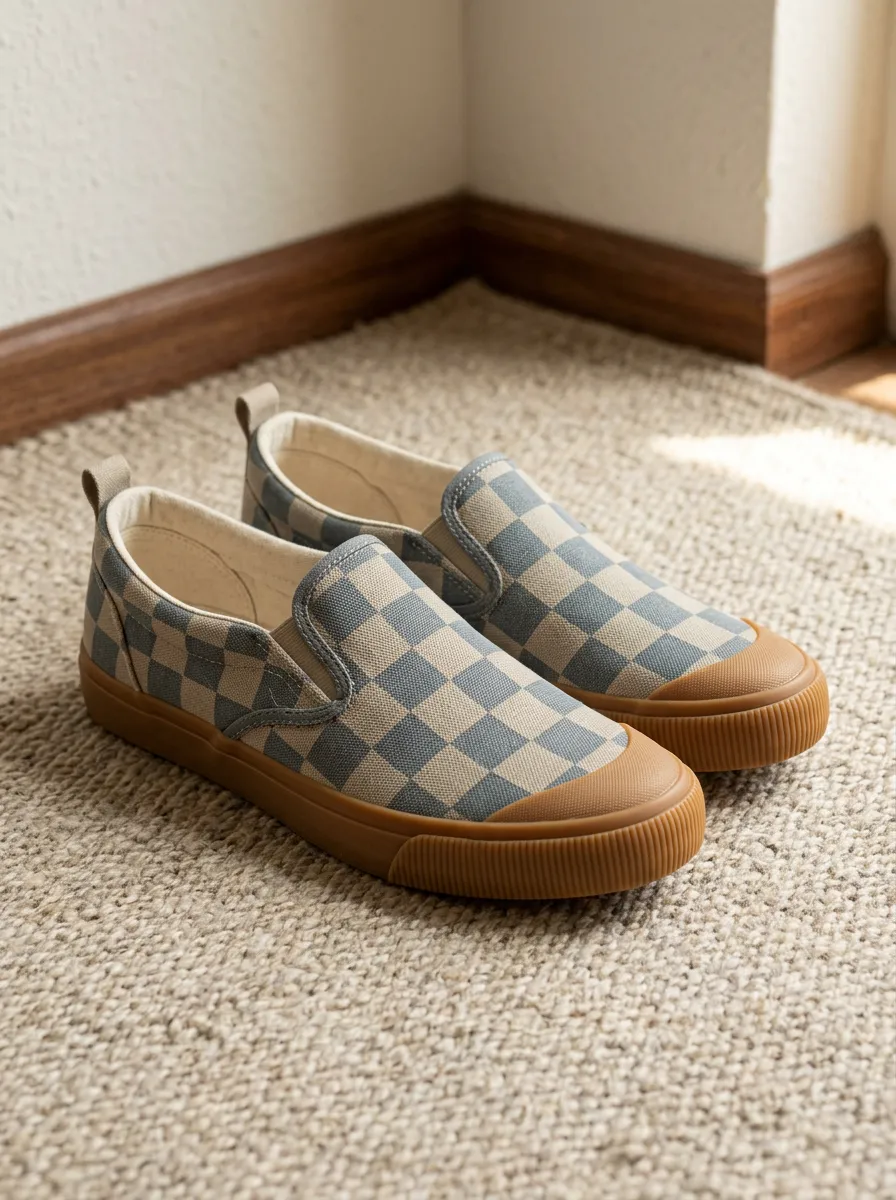 Men's Casual Blue Checkered Pattern Printed Canvas Shoes