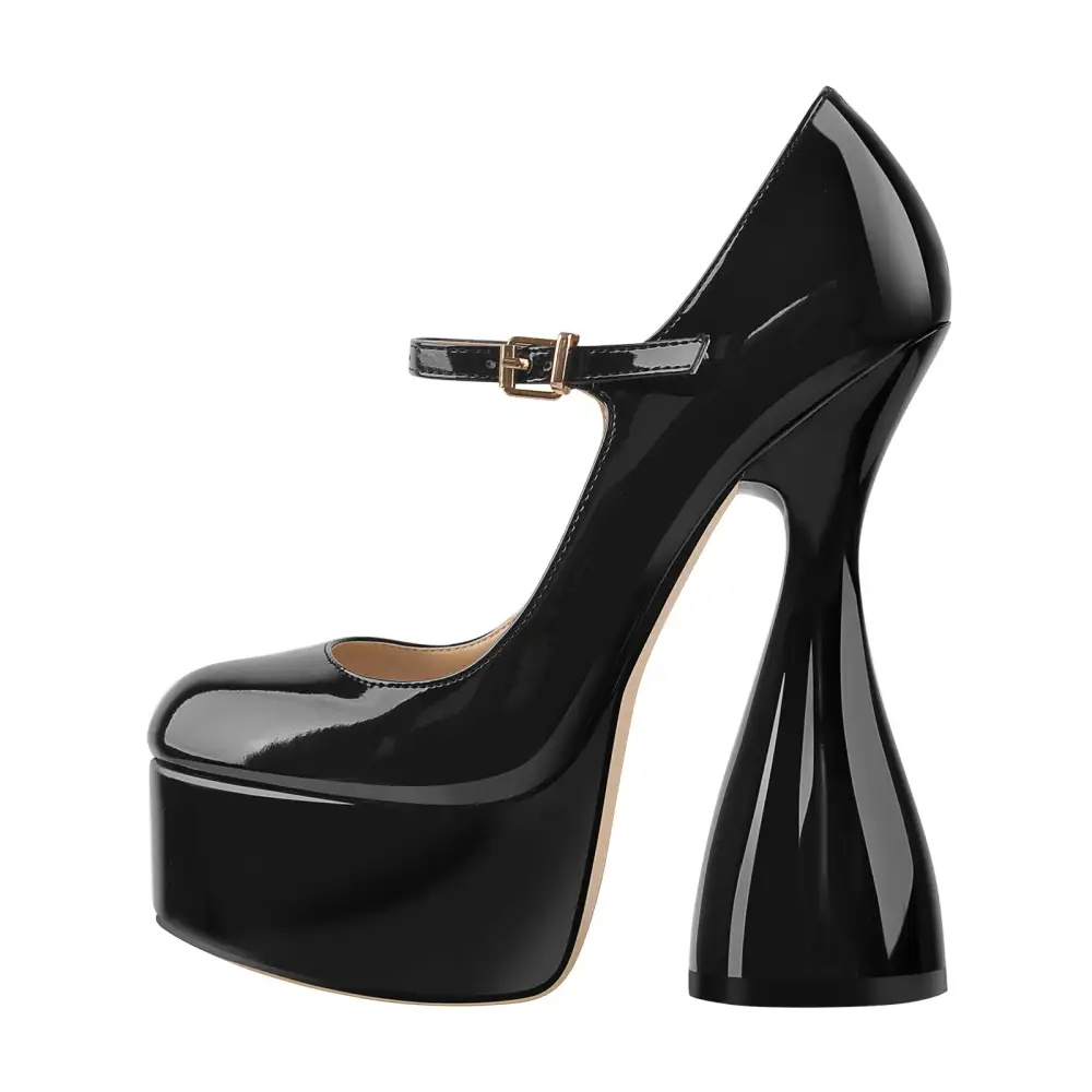 Patent Finish Round Toe Platform Chunky Heel Pumps