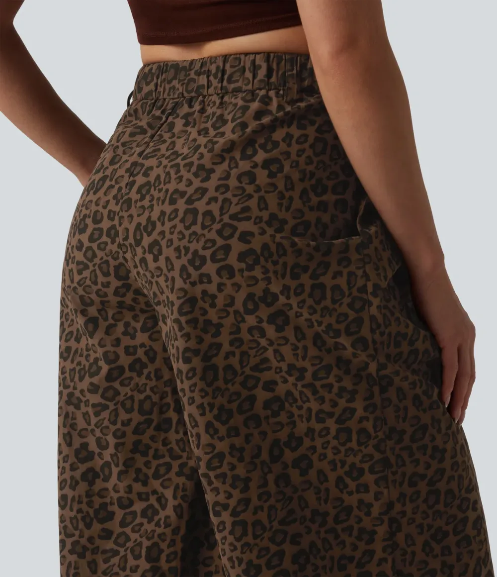 Pantalon large décontracté imprimé léopard taille mi-haute avec poches