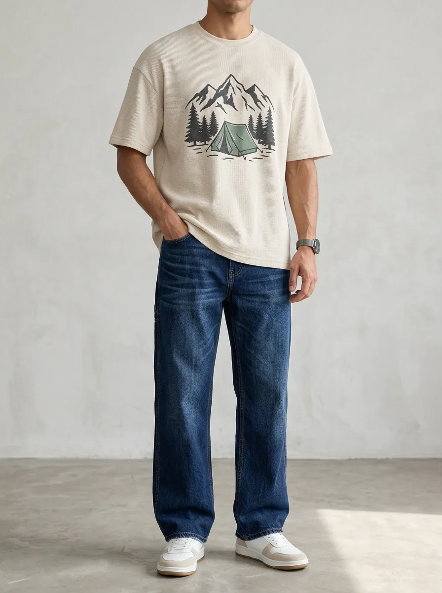 Men's Modern Camping Lover Mountain Forest Printed T-Shirt and Jeans Set