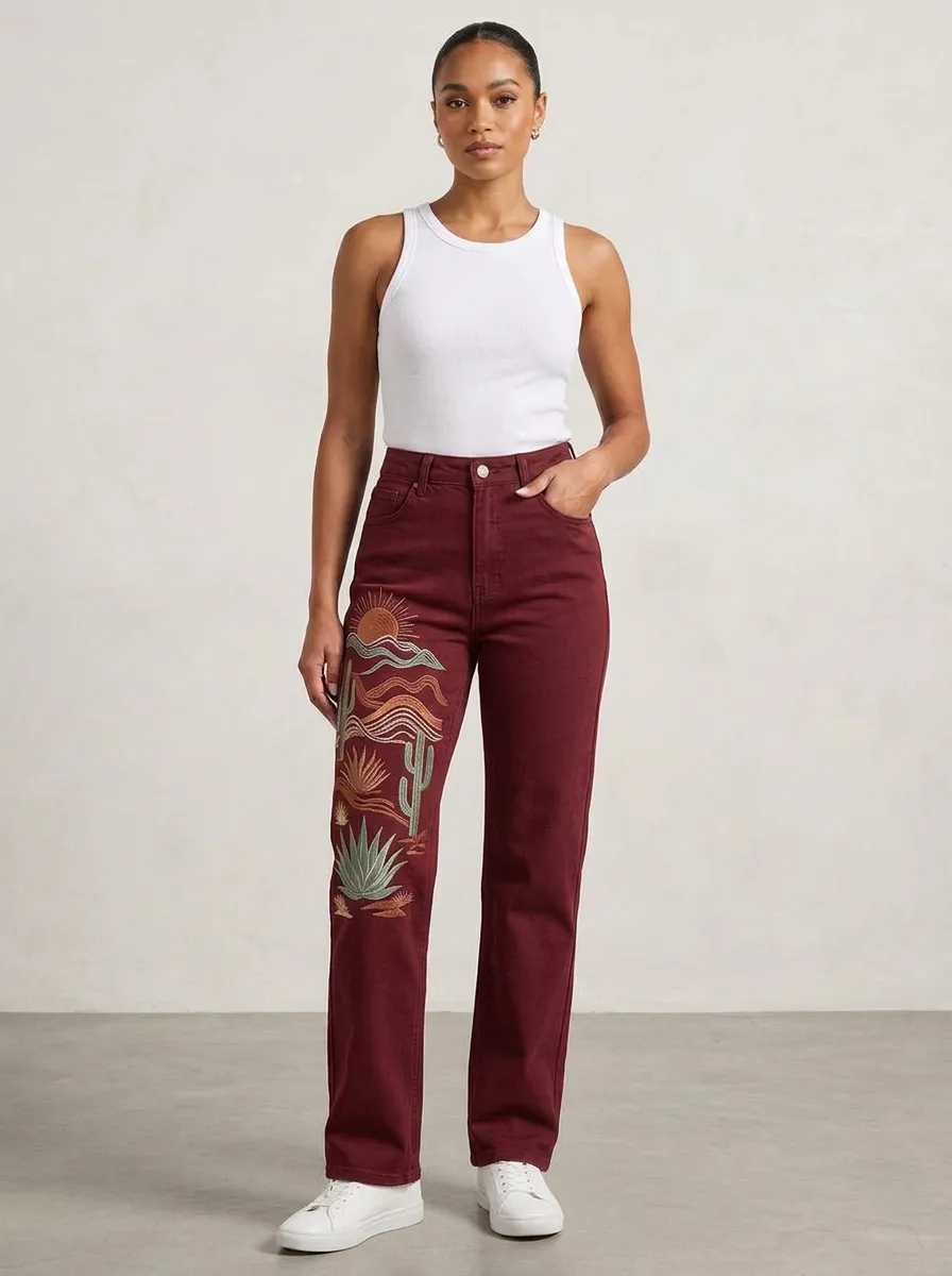 Women's Medium Wash Desert Cactus Embroidered High-Rise Straight Leg Jeans