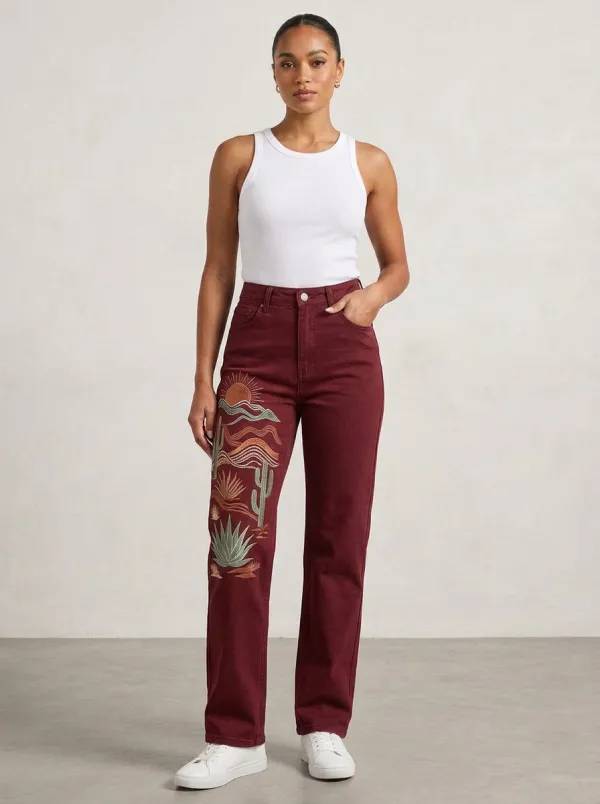 Women's Medium Wash Desert Cactus Embroidered High-Rise Straight Leg Jeans