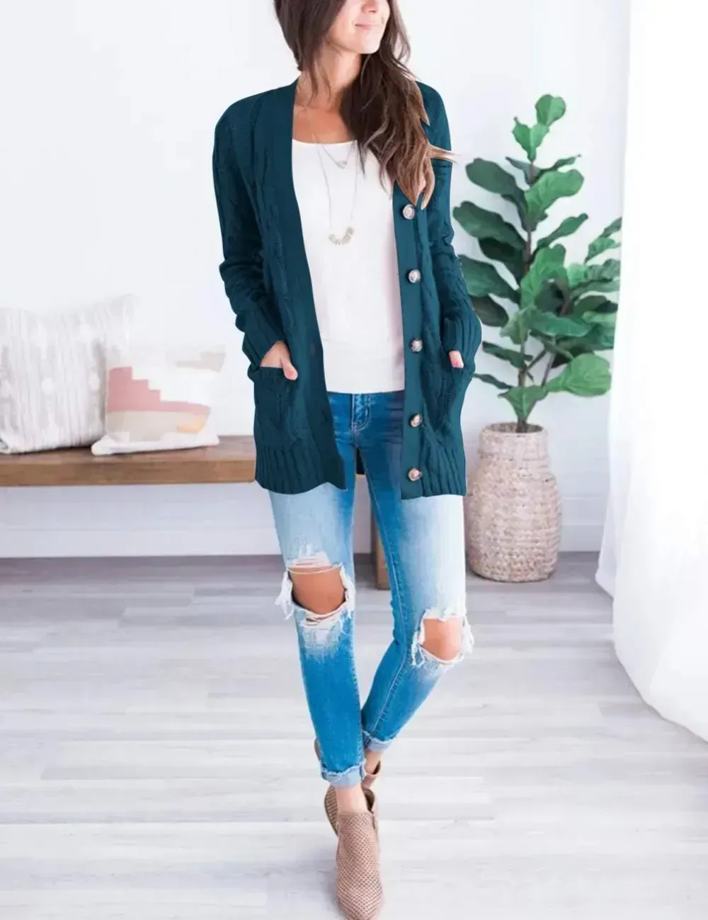 MEROKEETY Women's 2024 Fall Long Sleeve Cable Knit Sweater Open Front Cardigan Button Loose Outerwear