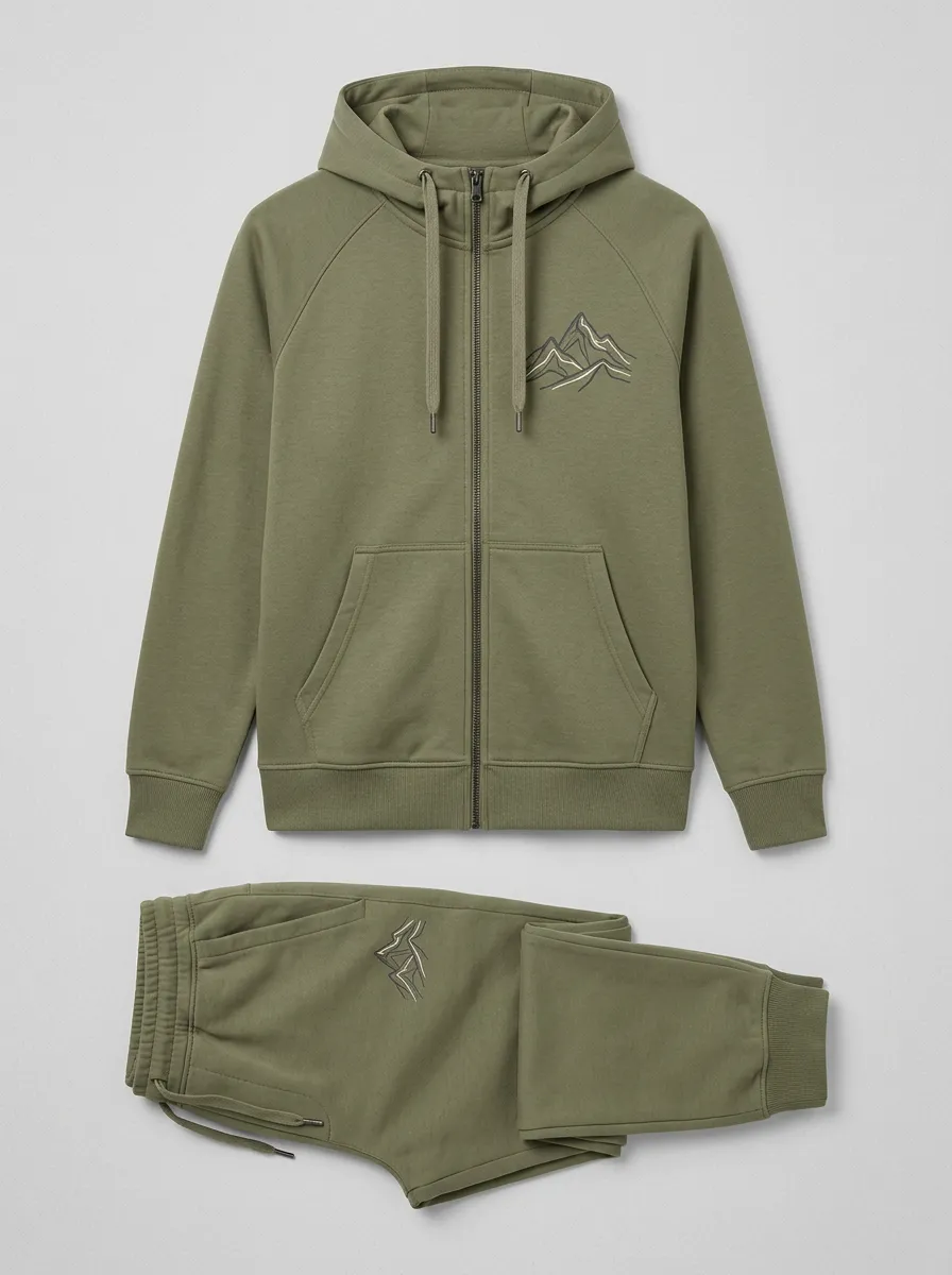 Men's Mountain Line-Art Embroidered Raglan Zip-Up Jogger Set