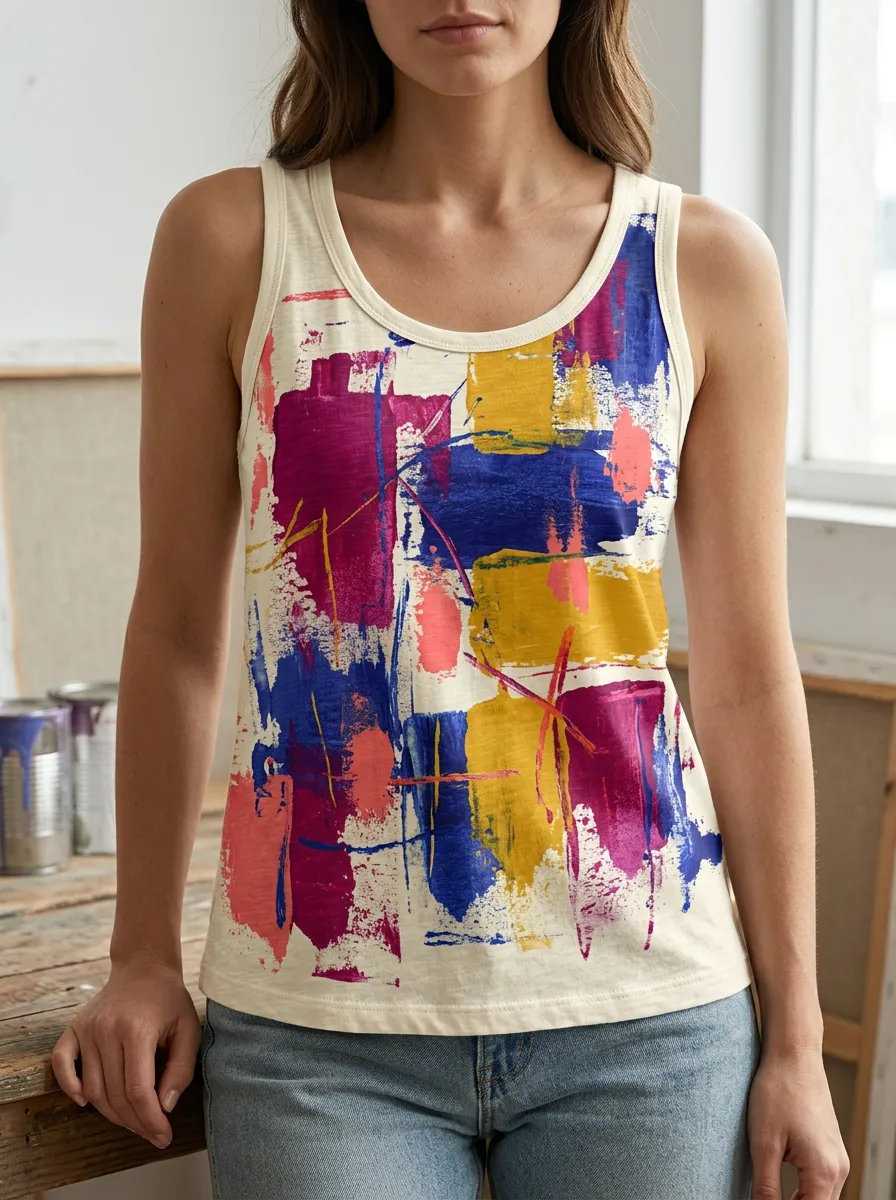Women's Relaxed Abstract Art Lover Colorful Brushstroke Tank Top