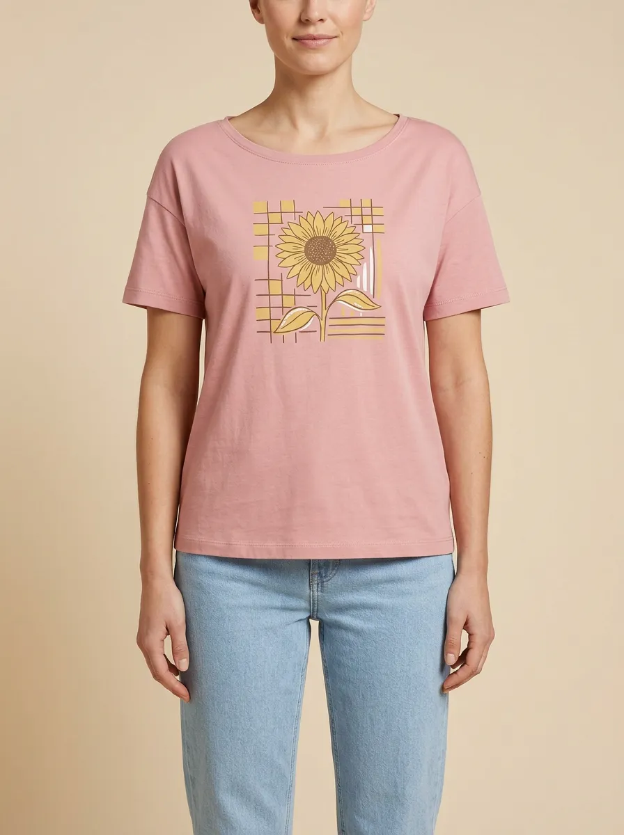 Women's Crew-Neck Graphic-Print Floral-Motif Ribbed T-Shirt