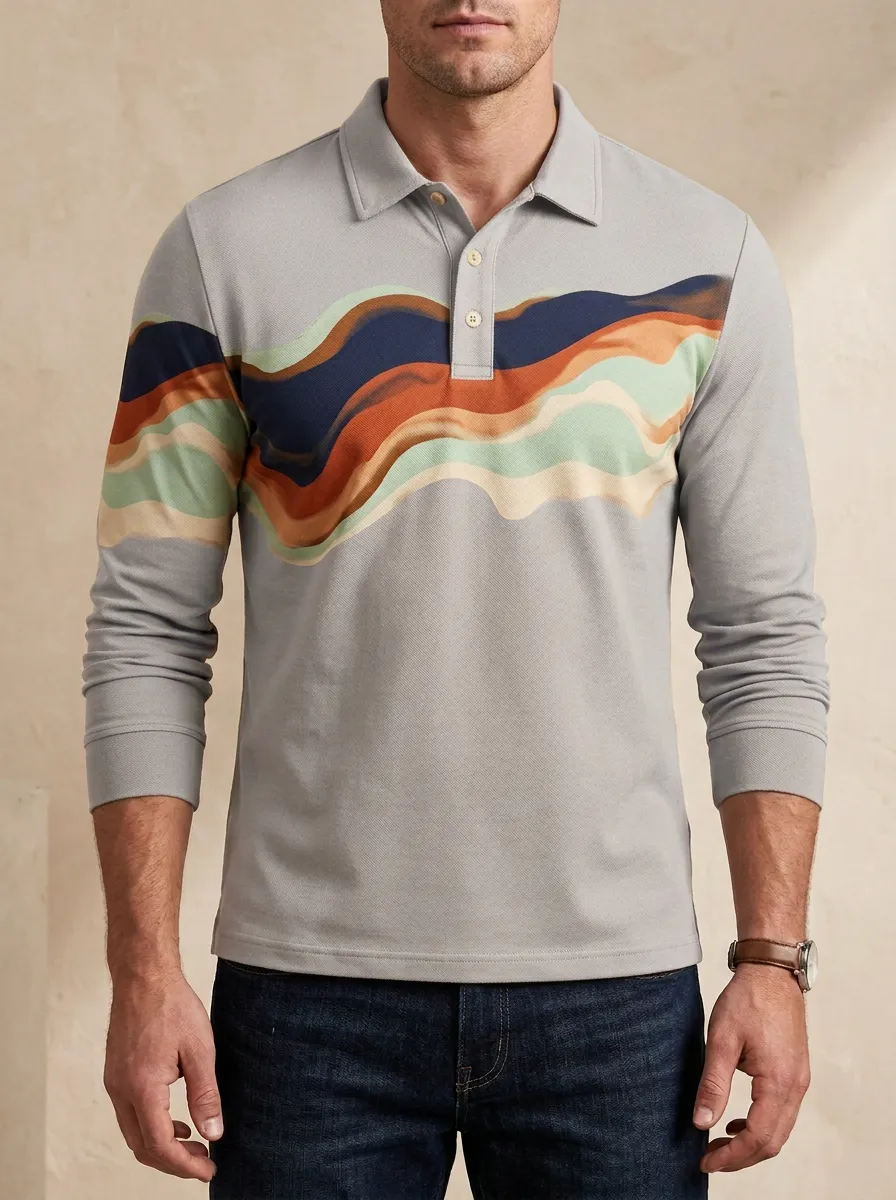 Men's Abstract Wave Pattern Printed Long Sleeve Polo Shirt