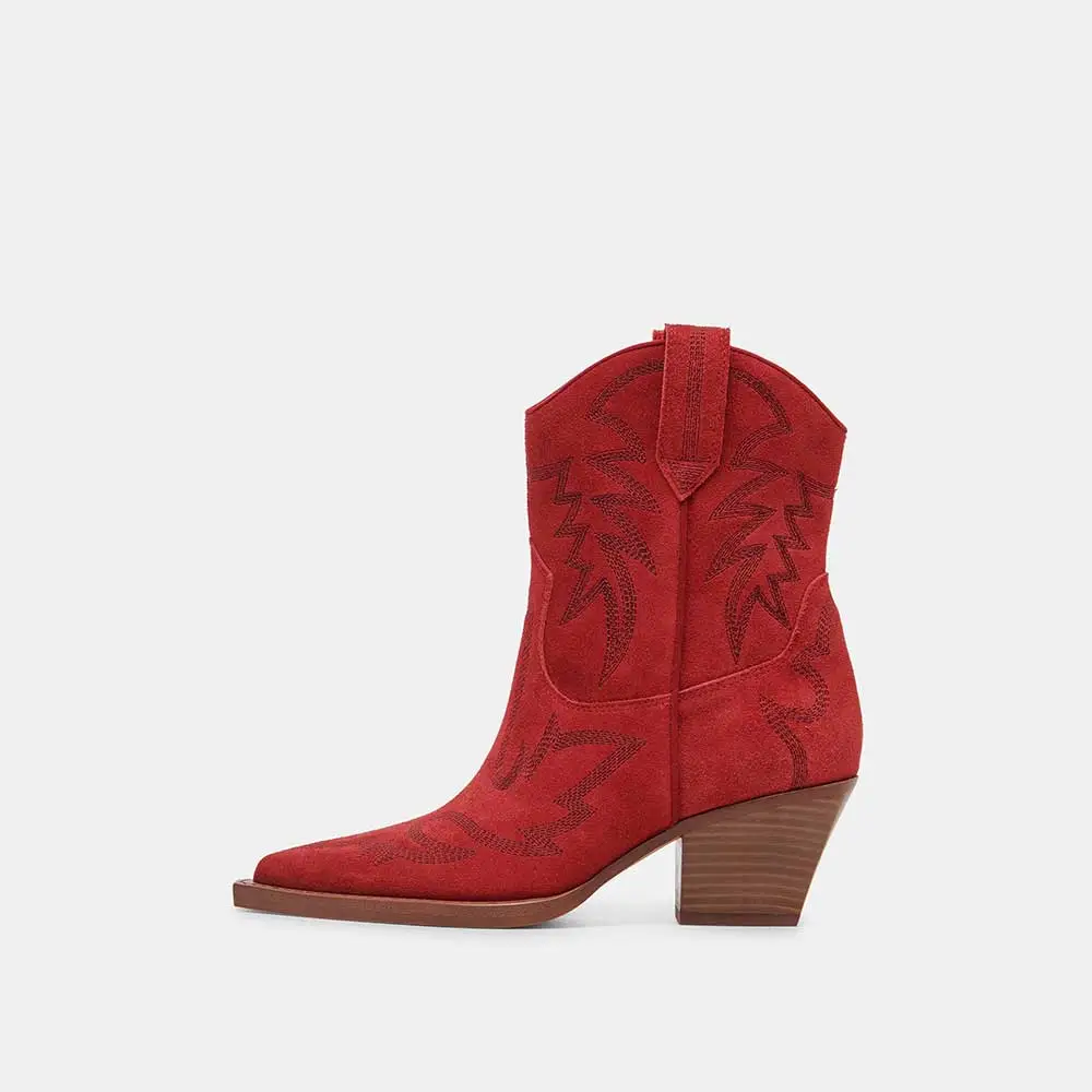 Faux-Suede Embroidered Pull-On Pointed-Toe Western Boots