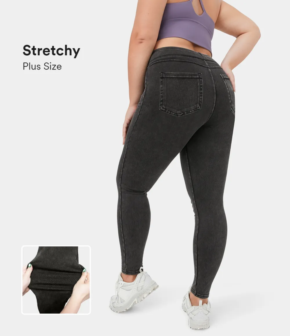 Magic High Waisted Back Side Pocket Stretchy Knit Denim Plus Size Casual Leggings