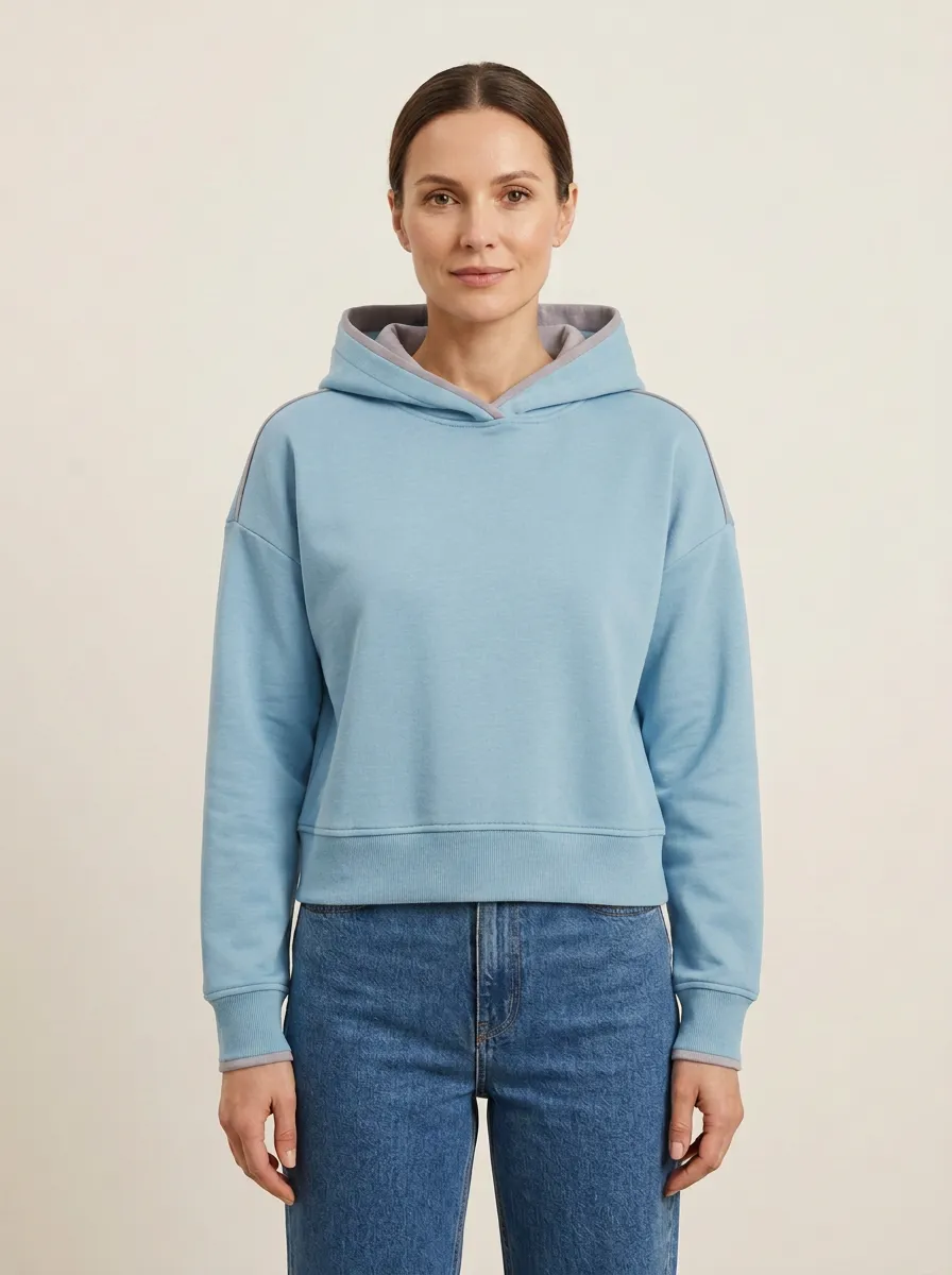 Women's Contrast-Lined Pocketless Cropped Pullover Hoodie