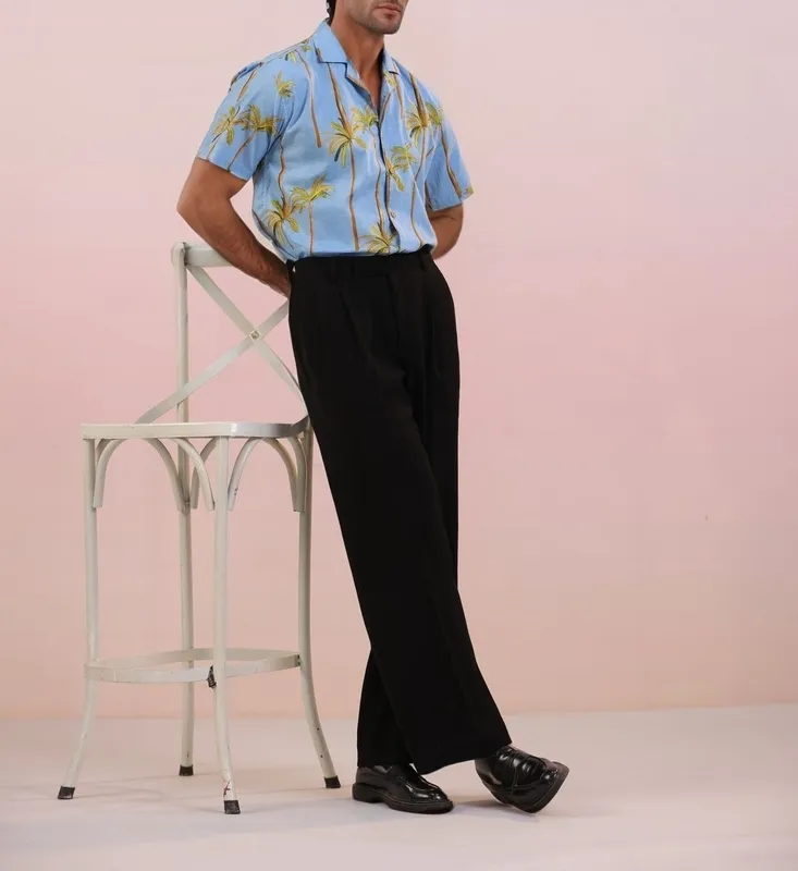 Blue Palm Mulmul Cotton Camp Collar Shirt