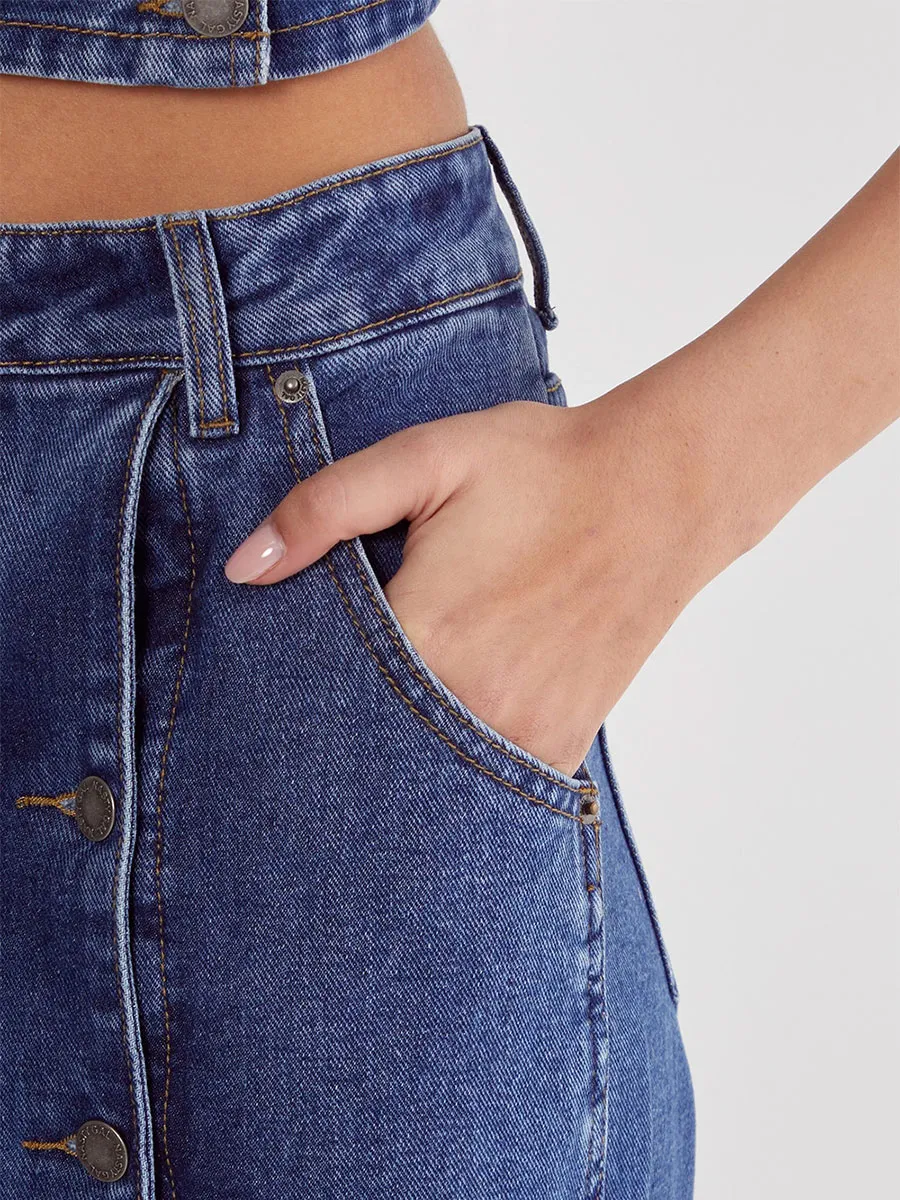 Women's Dark Blue Side Button Wide-Leg Jeans