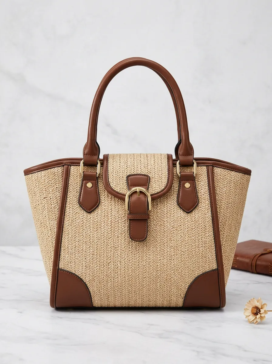 Woven Herringbone Buckle Women's Tote Bag