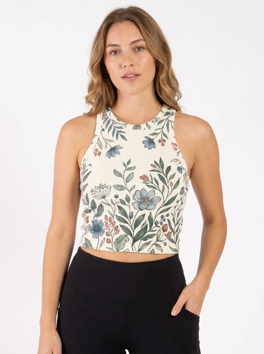 Women's Botanical Floral Nature Graphic Ribbed Crop Tank Top