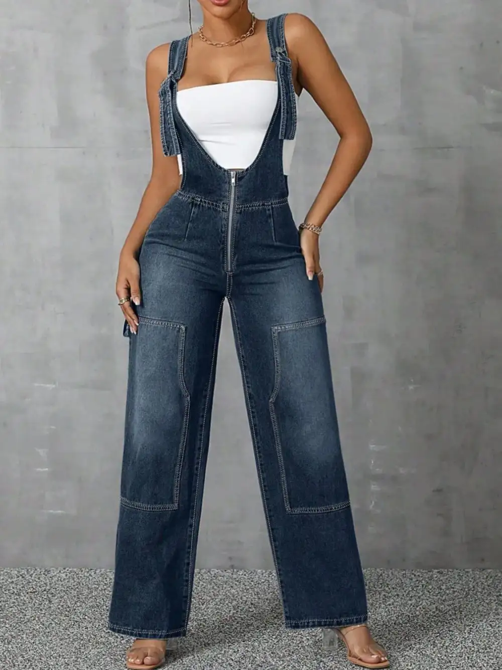 Zip Front Wide Strap Denim Overall Accessory