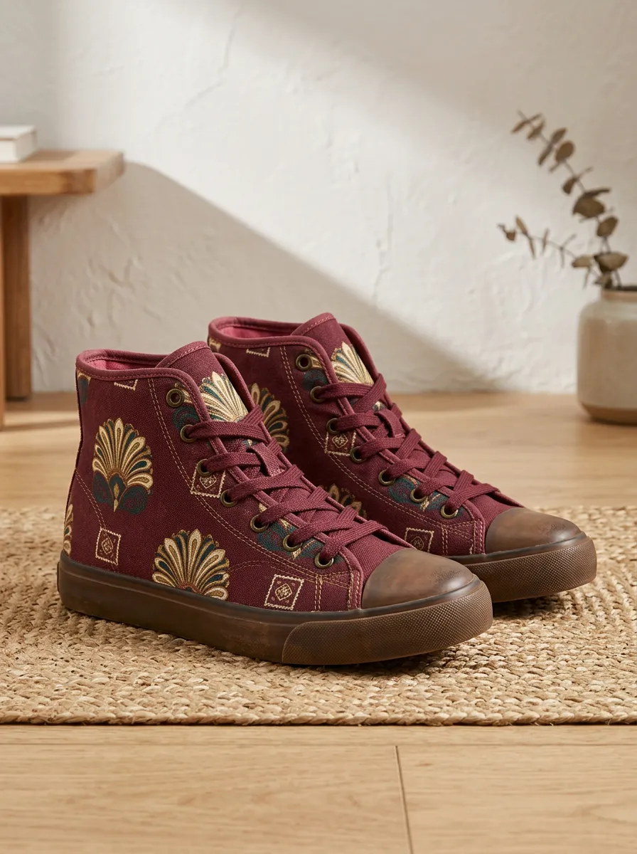 Unisex Vintage Floral Pattern Burgundy Printed Canvas Shoes