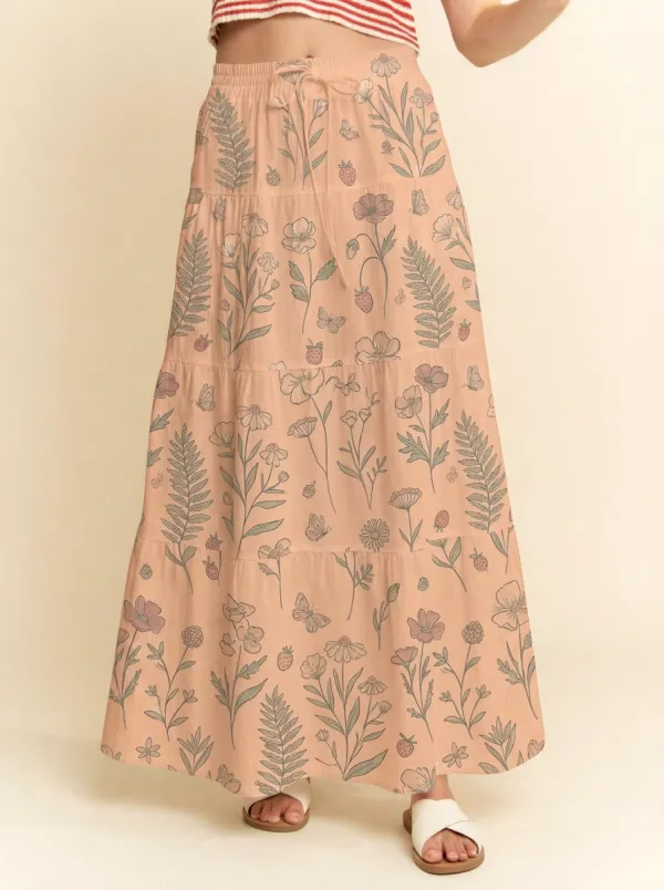 Women's Cottagecore Floral Strawberry Butterfly Printed Maxi Skirt