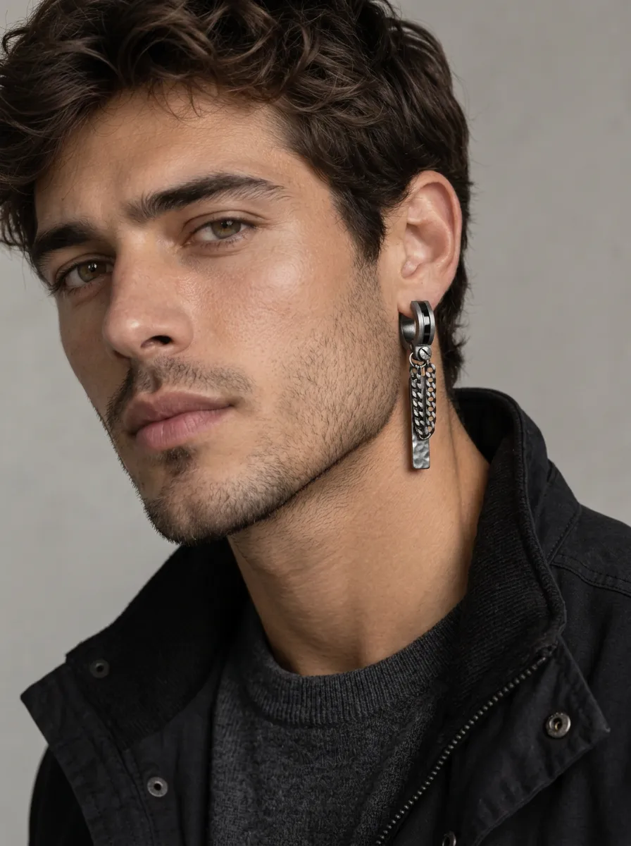 Men's Gothic Punk Chain Hammered Metal Dangle Earrings