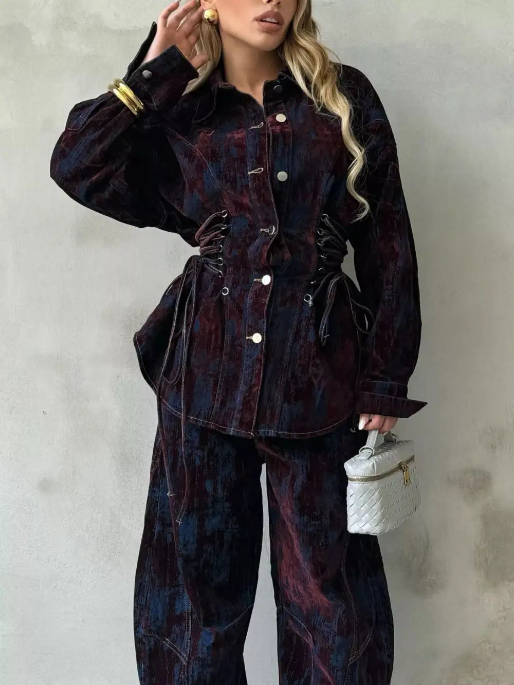 Button Lace Up Set Denim Pants