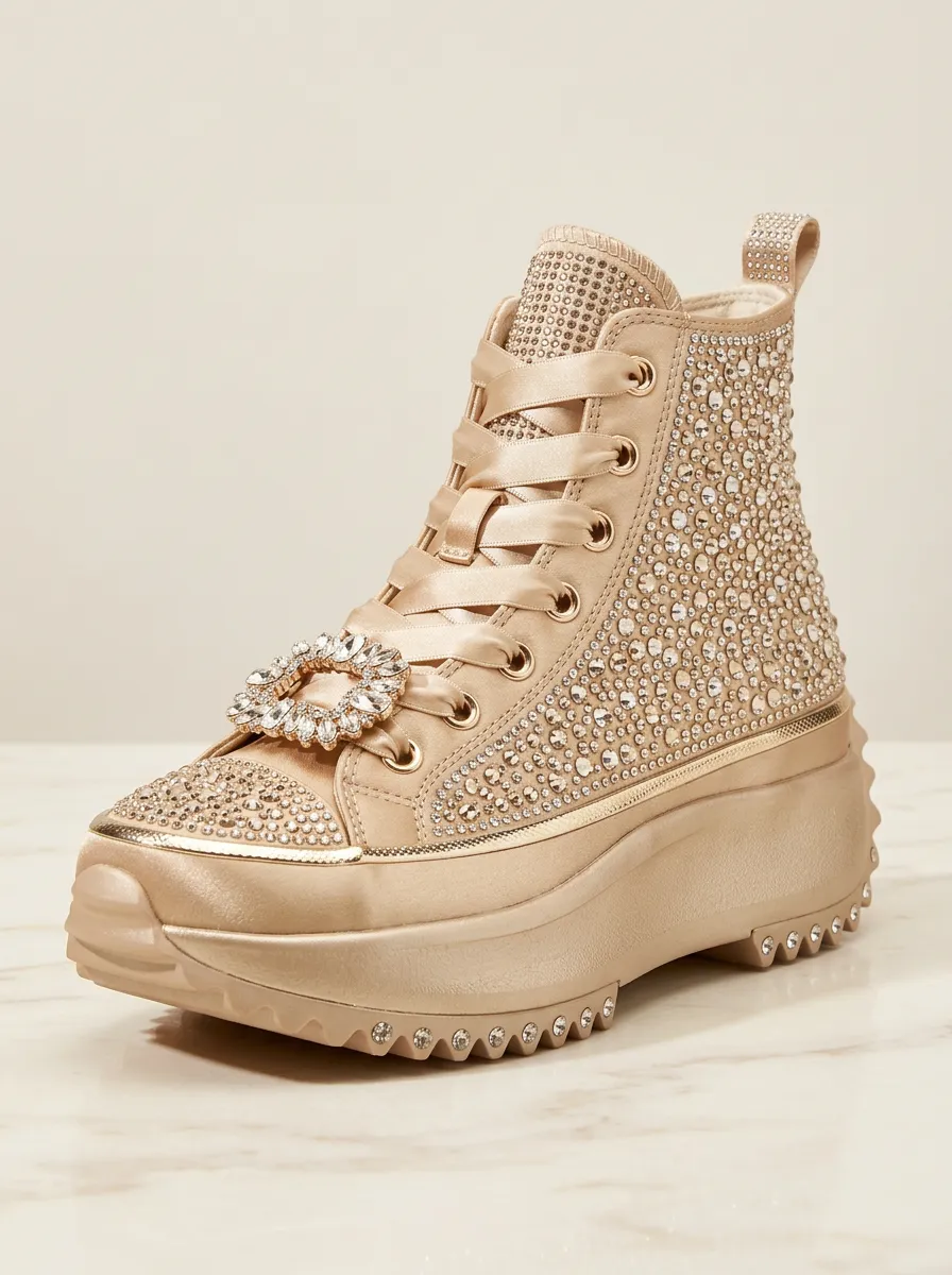 Lace-Detail Buckle-Strap Lace-Up High-Top Women's Rhinestone Platform Shoes