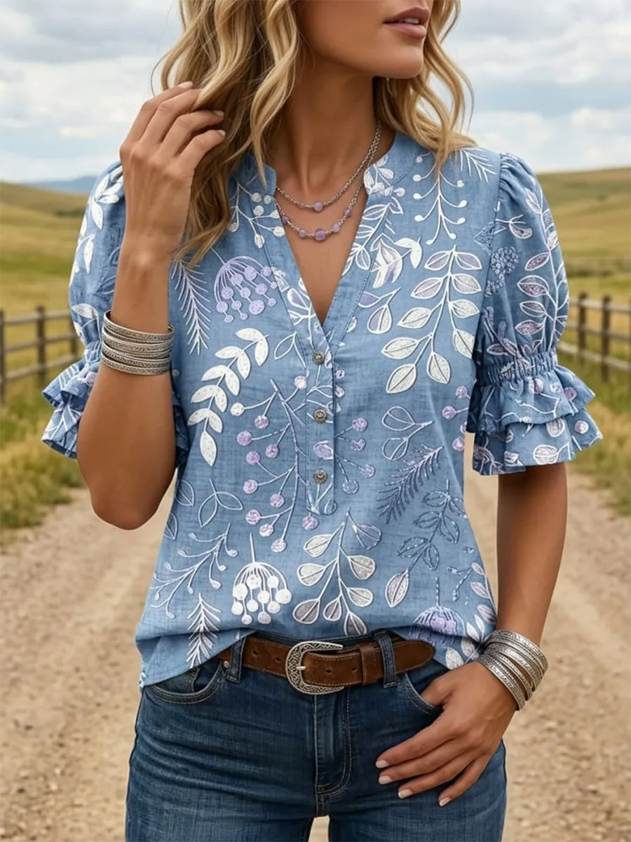 Vintage Floral Art Print V-neck Puff Sleeve Ruffle Shirt
