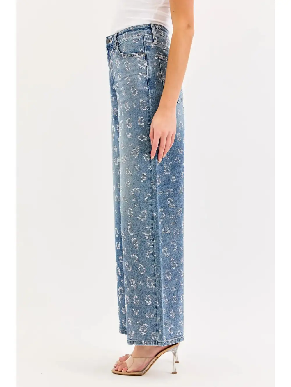 Cheetah Print Embellished Wide Leg Jeans