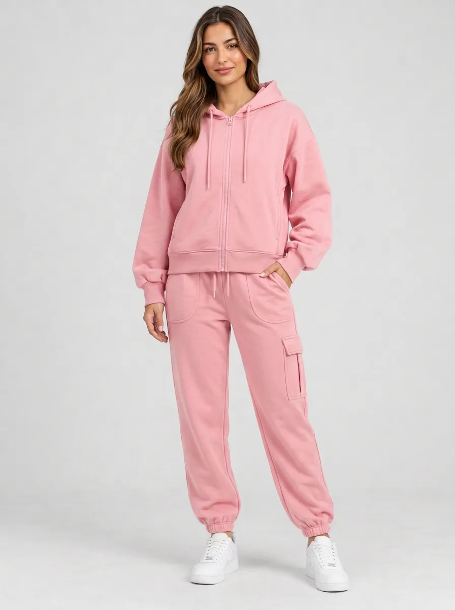 Women's Casual Solid Maroon Zip-up Hoodie and Cargo Jogger Set