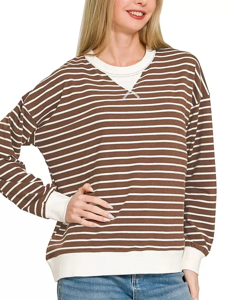 Classic Contrast Striped Round Neck Sweatshirt