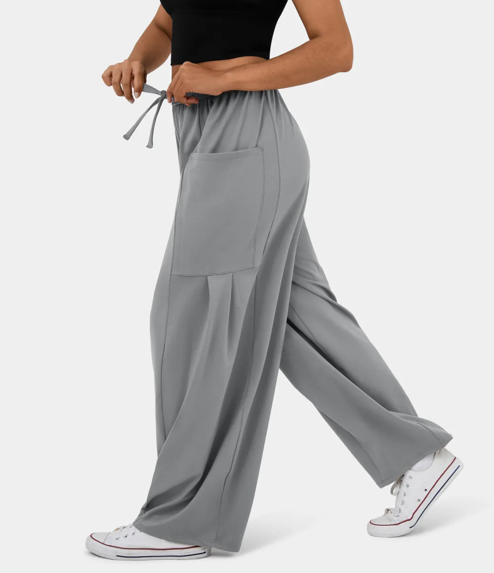 Mid Rise Elastic Waistband Drawstring Side Pocket Palazzo Flowy Wide Leg Casual Pants
