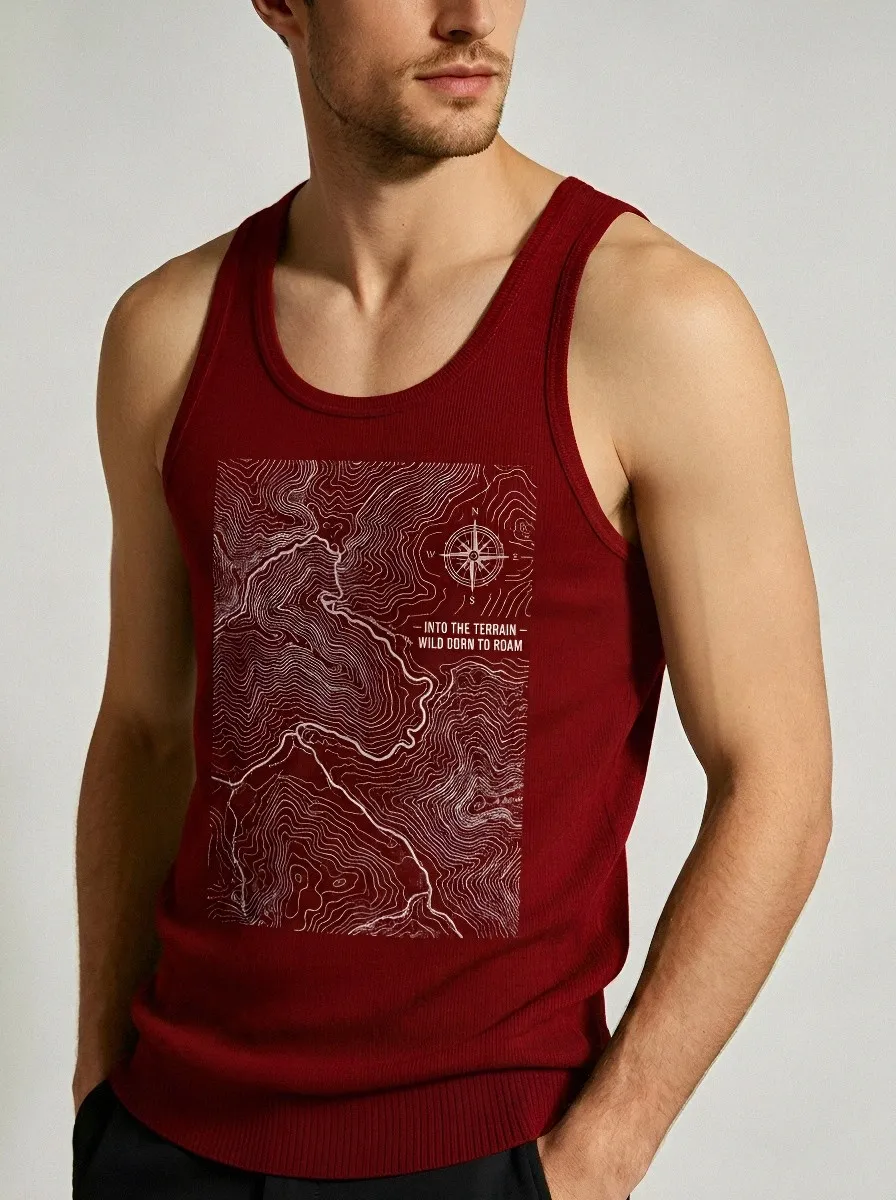 Men's Hiking Outdoor Lover Topographic Map Compass Printed Tank Top