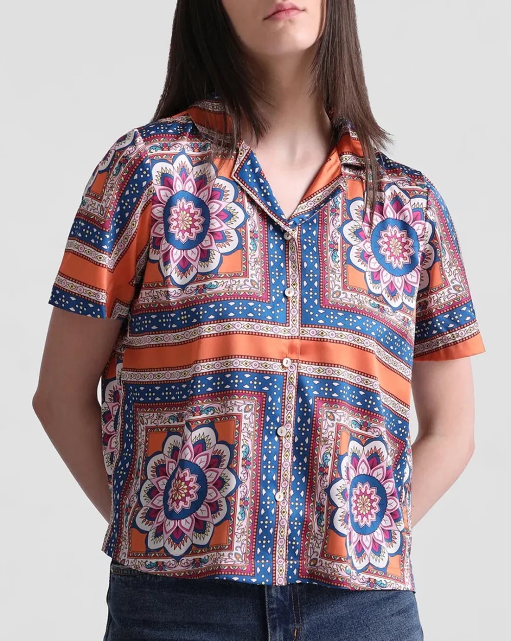 Navy Blue Abstract Print Satin Shirt