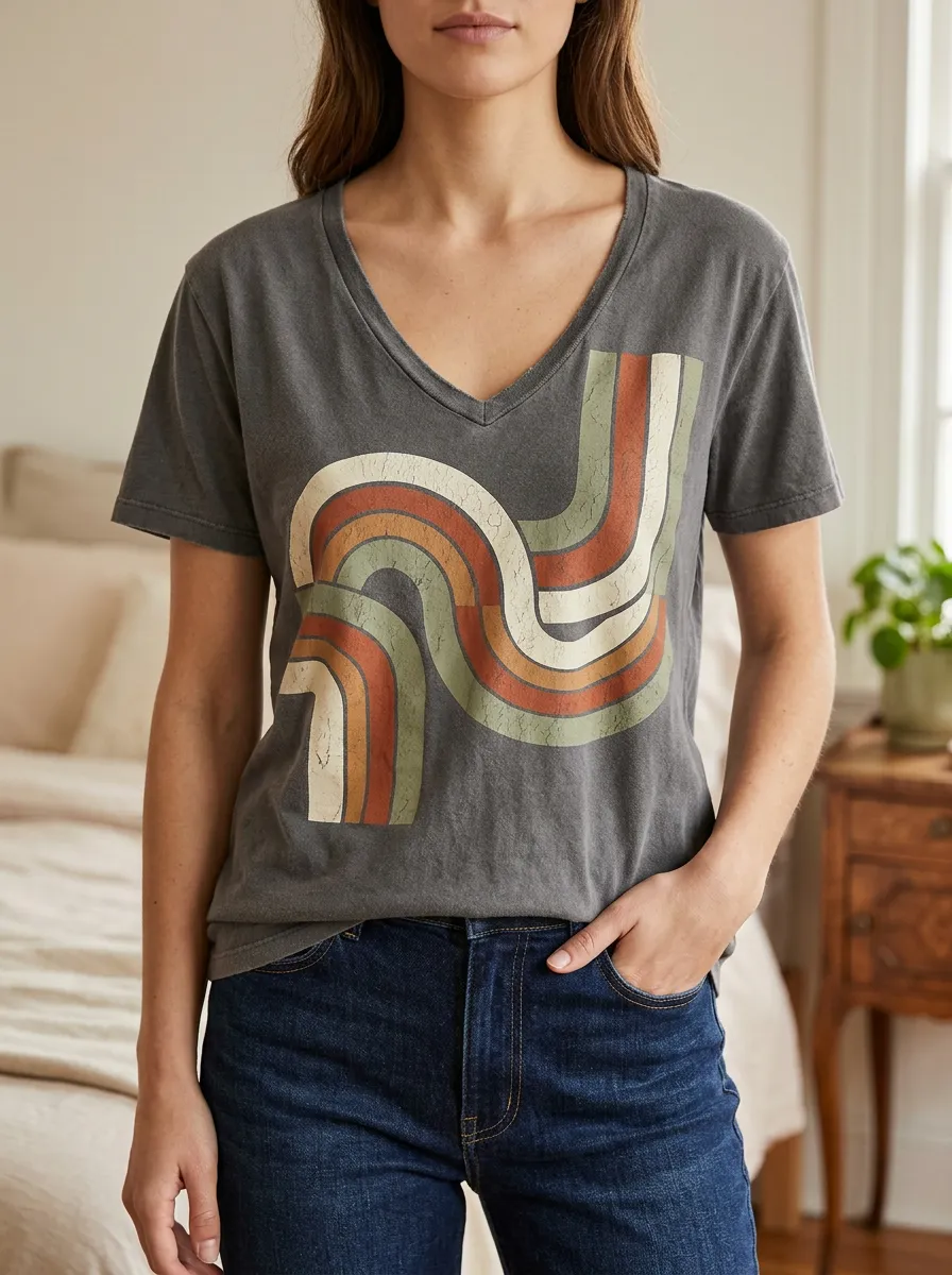 Women's Retro Rainbow Abstract Printed V-Neck T-Shirt