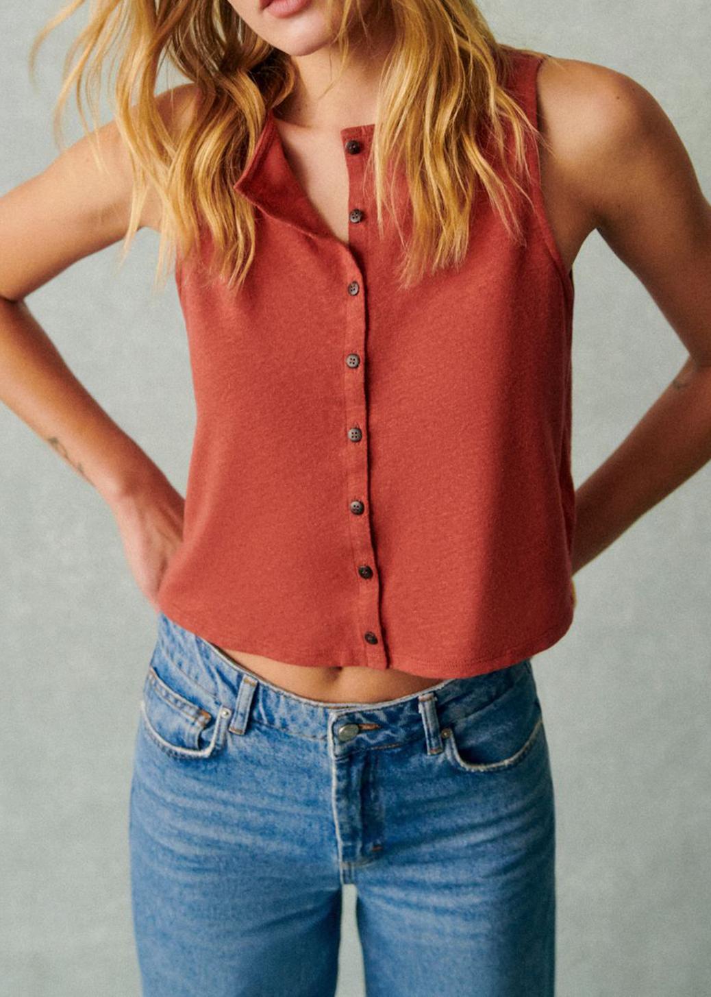 Sleeveless Button-Up Cotton And Linen Cropped Top
