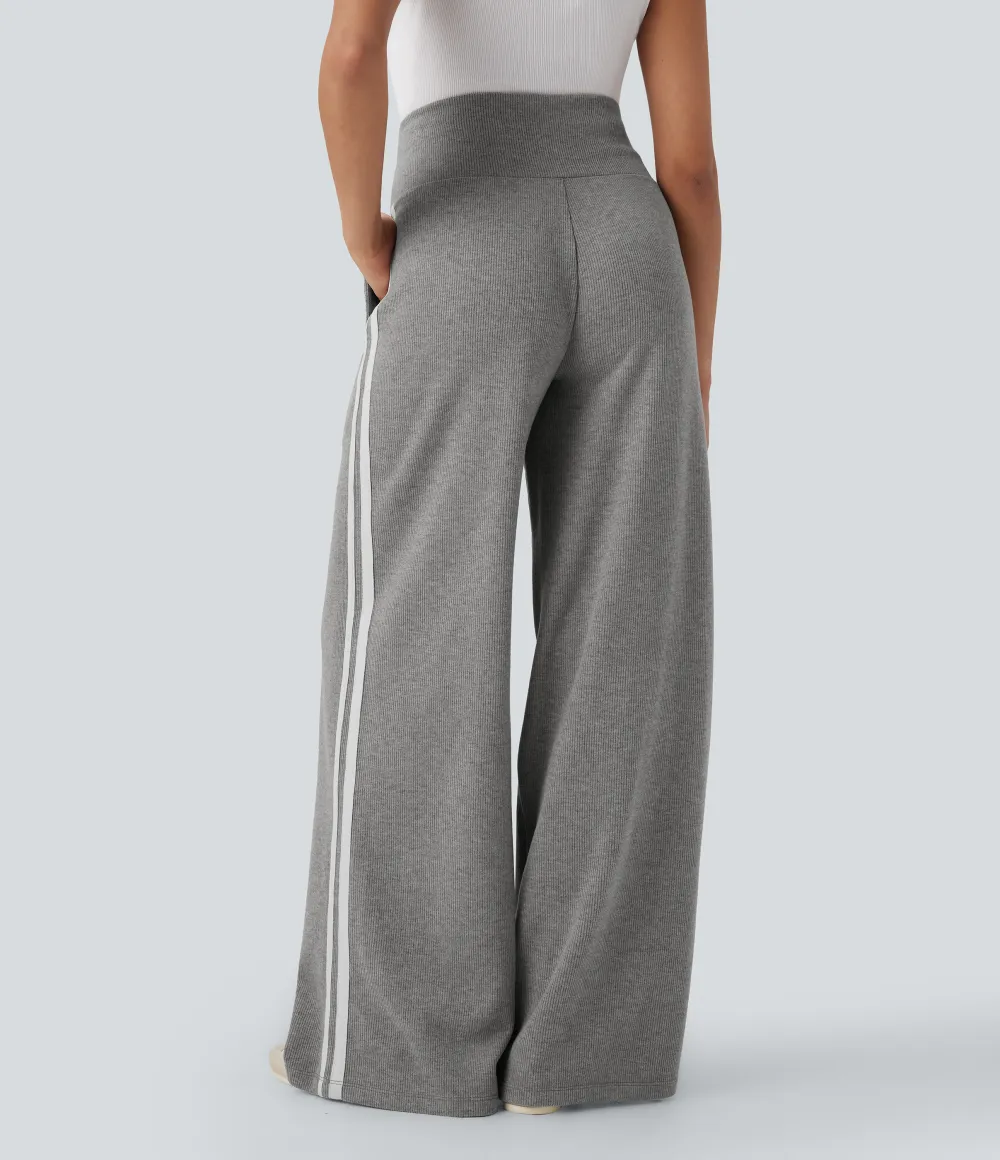 2026🔥  Ribbed SoCinched High Waisted Tummy Control Drawstring Wide Leg Color Block Casual Trousers with Pockets