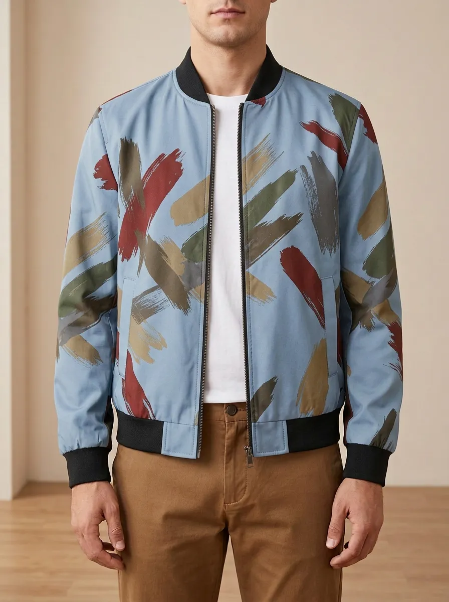 Brushstroke Print Welt Pockets Bomber Jacket