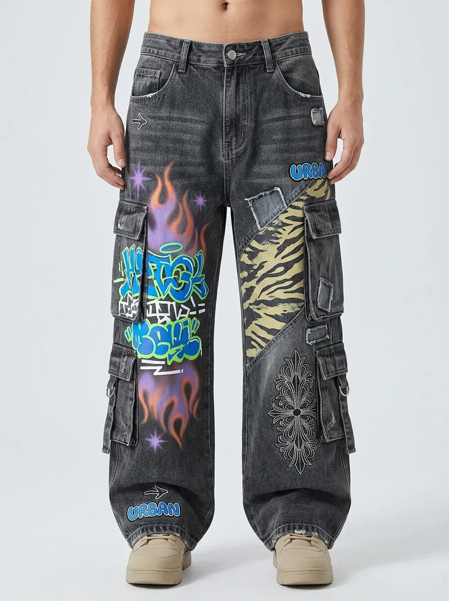 Men's Graffiti Flame Tiger Print Graphic Cargo Jeans