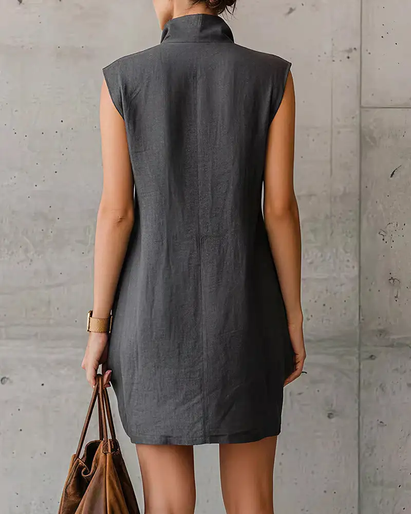 Sleeveless Stand Collar Button-Down Shirt Dress With Pockets